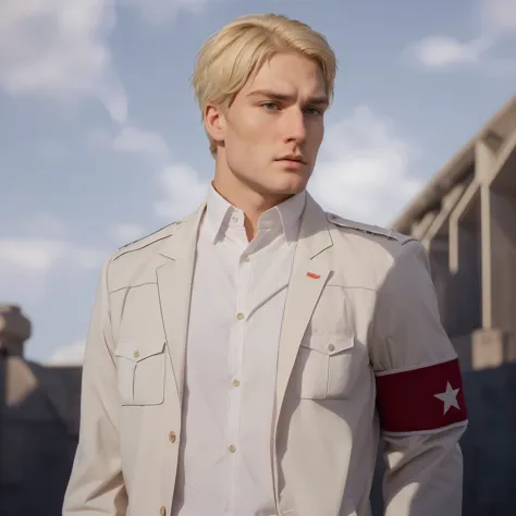 white man, with short blonde hair, serious expression, white shirt, cream jacket, red armband with white edges and white star in...