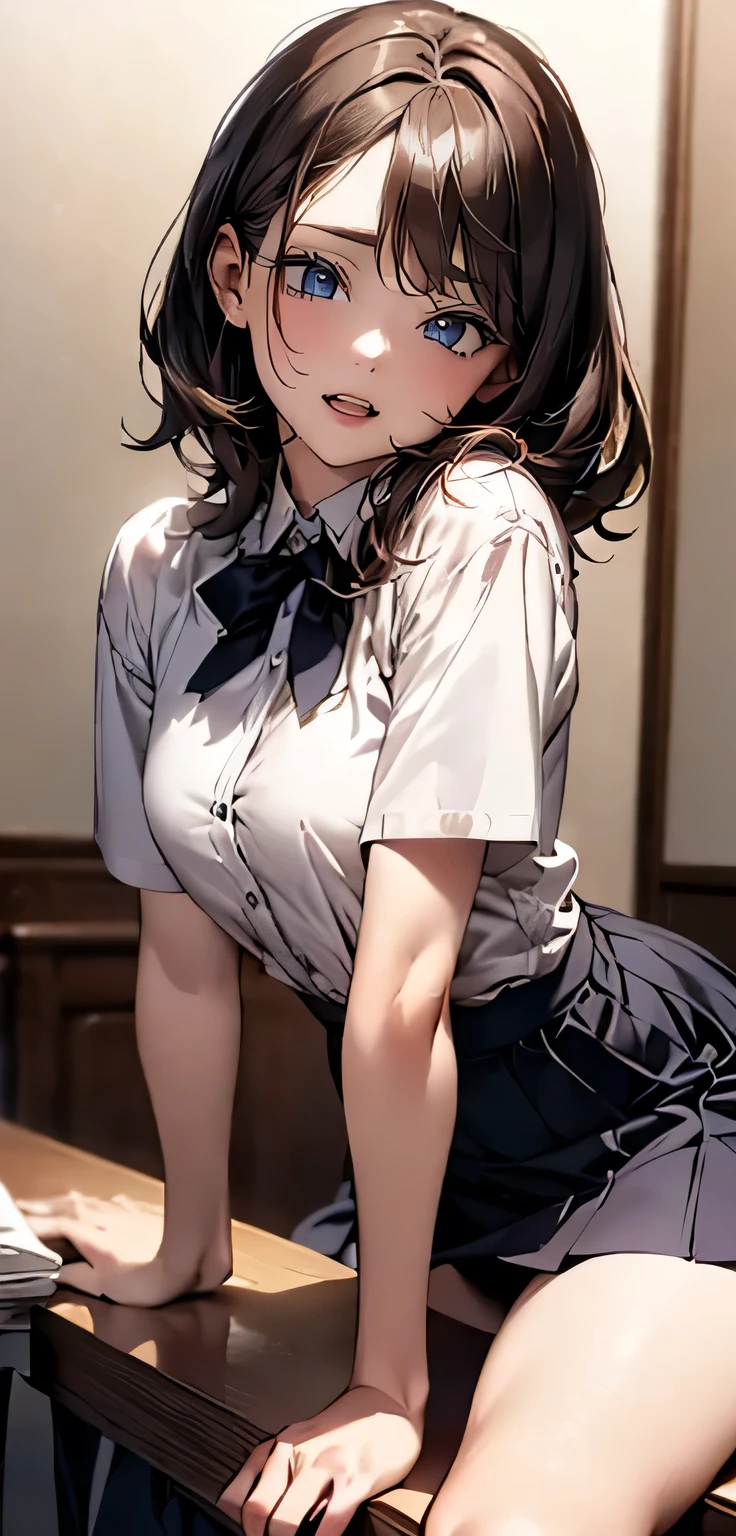 depicting a moment from manga for adults, ((standing close a table and straddling to hit her crotch against the corner of the table))), skirt various patterned, blush, round face, eyes with realistic sizing, drooping eyes, blush, shame smile, spread legs, open mouth,