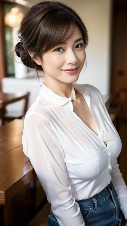 (highest quality,8k,masterpiece),
Japanese mature woman,40 years,Mature Woman,Pure white skin, Tabletop、Top view from chest、
(Plump Breasts 1.3)、　((White blouse with collar))、Light blue denim pants、Random hairstyle、
,A gentle smile、A gaze that seduces viewers、Dining out、Inside the coffee shop、Over a cup of coffee、