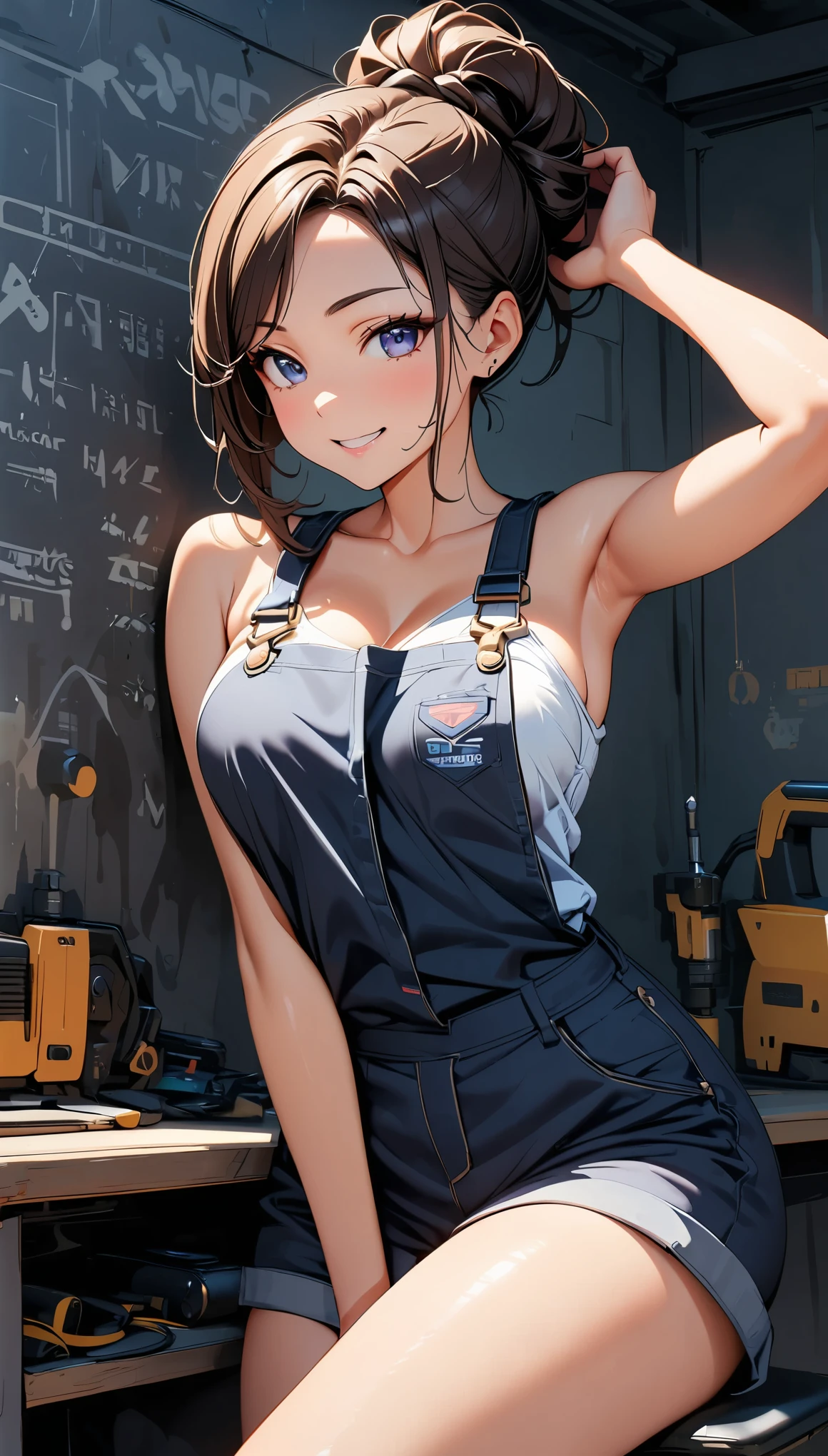 (highest quality:1.2, Very detailed, Latest, Vibrant, Ultra-high resolution, High Contrast, masterpiece:1.2, highest quality, Best aesthetics), Beautiful female mechanic, sexy, Work clothes, Overalls, Best Body Line, Beautiful detailed eyes, A professional and confident smile, Detailed facial features, Elegant hairstyle, Power tools, detailed machine, The work contents written on the wall, A neat and tidy desk, Precision work, Adorable,