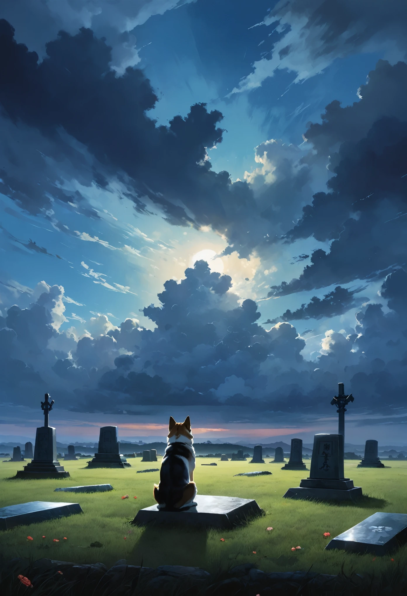 masterpiece, concept art, cinematic shot, panoramic, gouache, oil painting, Chiba Inu, sitting in front of a single grave, cloudy sky, triadic color pallet, award winning, epic composition, epic proportion,