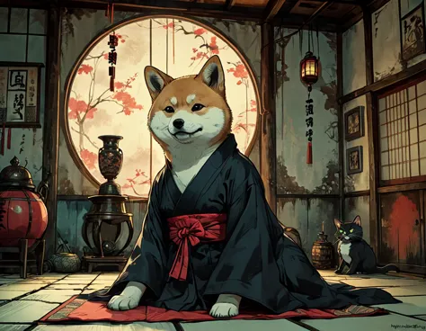Anthropomorphic shiba inu in kimono on tatami vs. Anthropomorphic fat black cat. Studio Ghibli Dark Comics. Underground fighting...