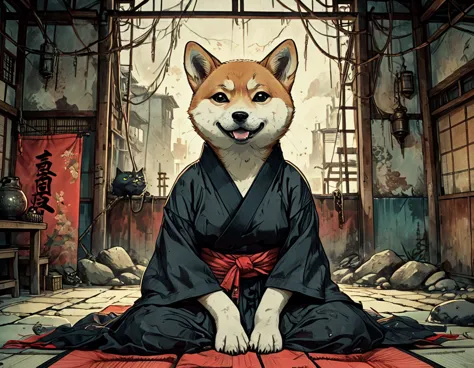 Illustration of an anthropomorphic Shiba Inu, garbed in a detailed kimono, clashing fiercely with a heavily built anthropomorphi...