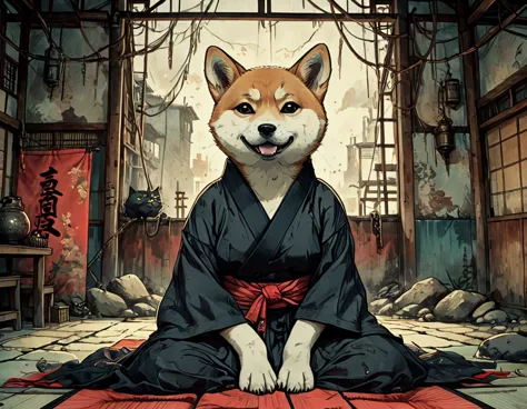 illustration of an anthropomorphic shiba inu, garbed in a detailed kimono, clashing fiercely with a heavily built anthropomorphi...