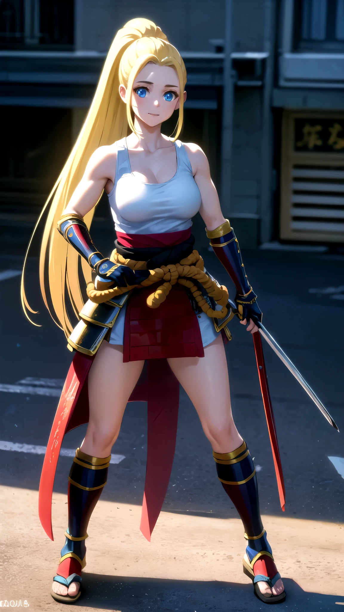 photorealistic, (4k), depth of field, (Masterpiece), (realistic skin texture), extremely detailed, intricate, hyper detailed, professional photography, bokeh, high resolution, sharp detail, best quality, girl, long hair, blonde hair, ponytail, blue eyes, white tank top, (samurai armor), gloves, knees to chest , dynamic pose,  open highway, empty roads, happy, standing in the middle of the road, daylight, japanese architecture,