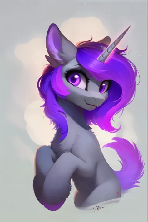 rating_safe, score_9, fluffy, feral unicorn pony, gray body, purple hair, purple eyes