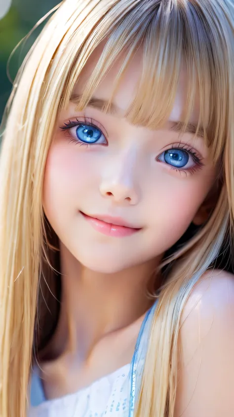 highest quality、masterpiece、Ultra-high resolution、(Photorealistic:1.4)、1 Girl、14 years old、The ultimate beautiful girl、Very beautiful, shiny, light, glowing blonde hair、Super long straight silky hair、bangs over eyes、片bangs over eyes、Blonde hair between the...