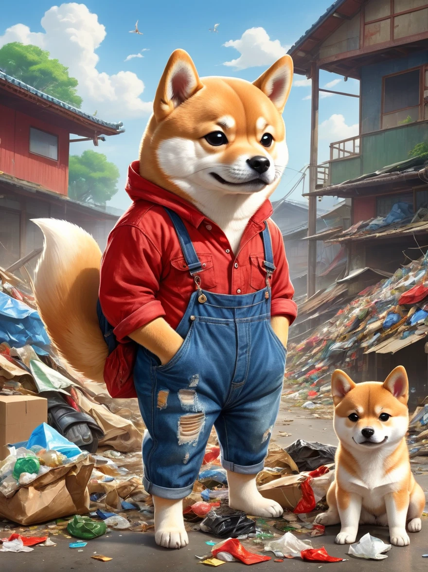 Creates a very pitiful anthropomorphic Shiba Inu image，Wearing a very tattered red linen shirt and denim overalls，There are even more tattered cloth shoes，Carrying a huge sack on his back，Higher than myself，This Shiba Inu is standing in front of a more obvious pile of trash，In the background is a road completely covered with garbage，Depicts a significantly harsher environment。This scene reinforces the contrast between the innocence of the characters and the severity of their surroundings，Emphasizing the dire conditions。