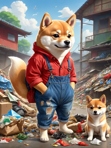 Creates a very pitiful anthropomorphic Shiba Inu image，Wearing a very tattered red linen shirt and denim overalls，There are even...