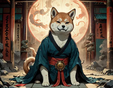 Illustration of an anthropomorphic Shiba Inu, garbed in a detailed kimono, clashing fiercely with a heavily built anthropomorphi...