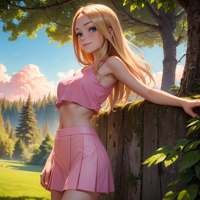 (masterpiece, best quality:1.4), (8K), Young blonde beauty, (((18 years old, neat girl))), detailed blue eyes, long eyelashes, blush, kind smile, upper body, crop top, small ass, slender thin legs, pink skirt, (looking at viewer), beautiful blonde hair, white-skinned, long hair, bangs, (medium size breasts), (mushroom forest, celestial forest, beautiful and magnificent pink sunshine, majestic sky), colorful natural light)