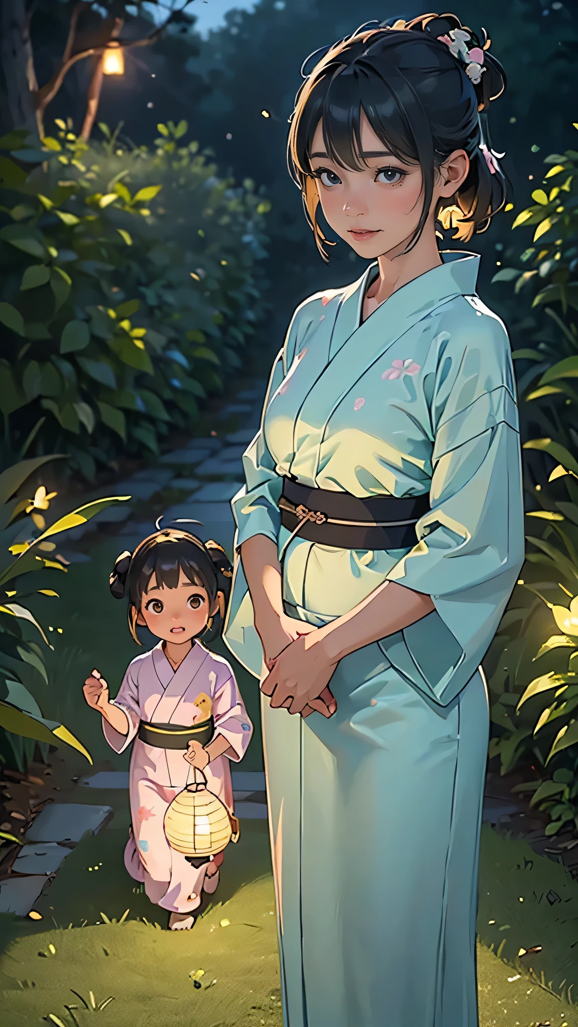 (best quality,ultra-detailed,realistic:1.37),2girls wearing yukata chasing after numerous fireflies, a mother nearby watching them, the enchanting glow of pastel green fireflies illuminating the girls