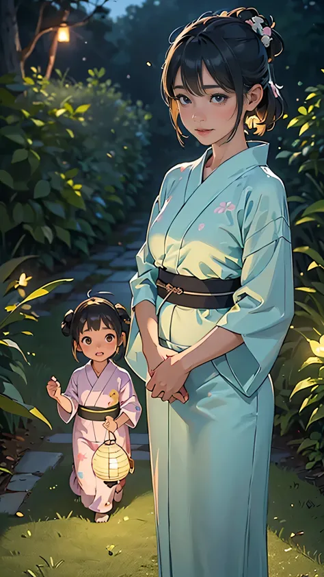 (best quality,ultra-detailed,realistic:1.37),2girls wearing yukata chasing after numerous fireflies, a mother nearby watching th...