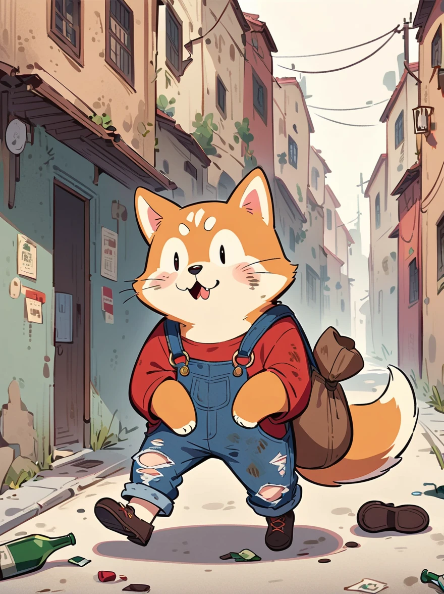 Cartoon illustration，Simple，Depicts an anthropomorphic Shiba Inu，dirty，Dull eyes，Listless，Malaise，decadent，Exaggerated expression，Loose fit ripped denim overalls，Red top，Worn leather shoes，Carrying a large bag，Walking on the deserted streets，There are lots of broken bottles around，dirty的环境，Correct human anatomy