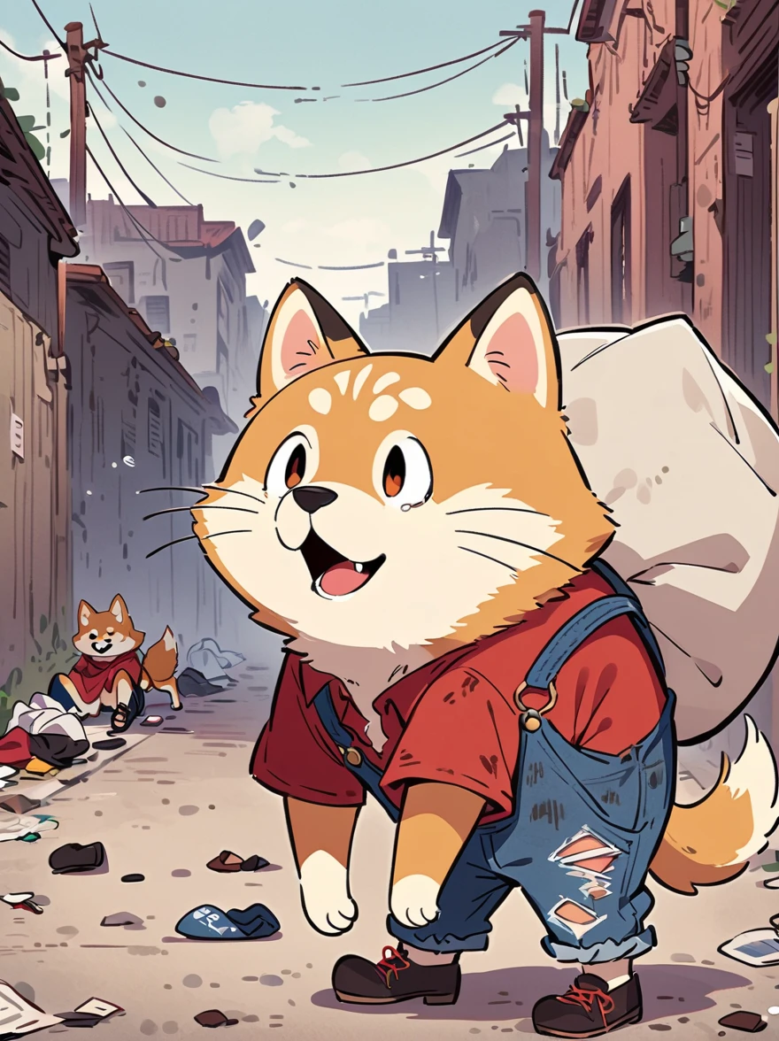 Creates a very pitiful anthropomorphic Shiba Inu image，Wearing a very tattered red linen shirt and denim overalls，There are even more tattered cloth shoes，Carrying a huge sack on his back，Higher than myself，This Shiba Inu is standing in front of a more obvious pile of trash，In the background is a road completely covered with garbage，Depicts a significantly harsher environment。This scene reinforces the contrast between the innocence of the characters and the severity of their surroundings，Emphasizing the dire conditions。