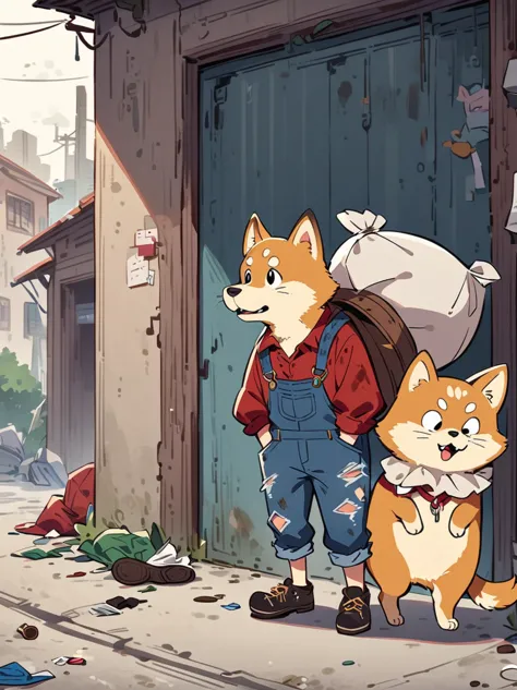 creates a very pitiful anthropomorphic shiba inu image，wearing a very tattered red linen shirt and denim overalls，there are even...