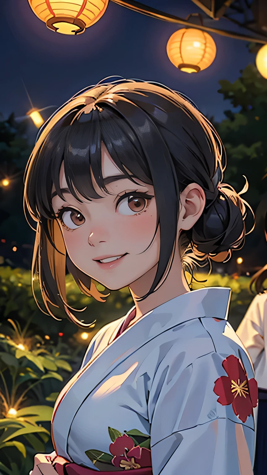 Summer Nights in Japan,Many fireflies are flying, Two girls in yukata chasing after him with smiles, Her mother is nearby watching., There is no lighting, and the light of the fireflies illuminates my body.