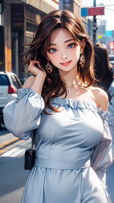 best quality, photorealistic, beautiful woman, perfect body, large breasts, off shoulder minidress, city streets, pose, elaborat...