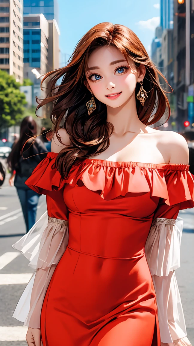 best quality, photorealistic, beautiful woman, perfect body, large breasts, off shoulder minidress, city streets, pose, elaborate details, vibrant