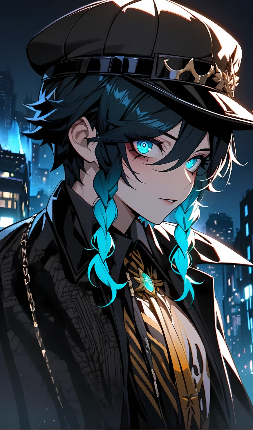 Anime boy with blue eyes and a hat on a city street - SeaArt AI