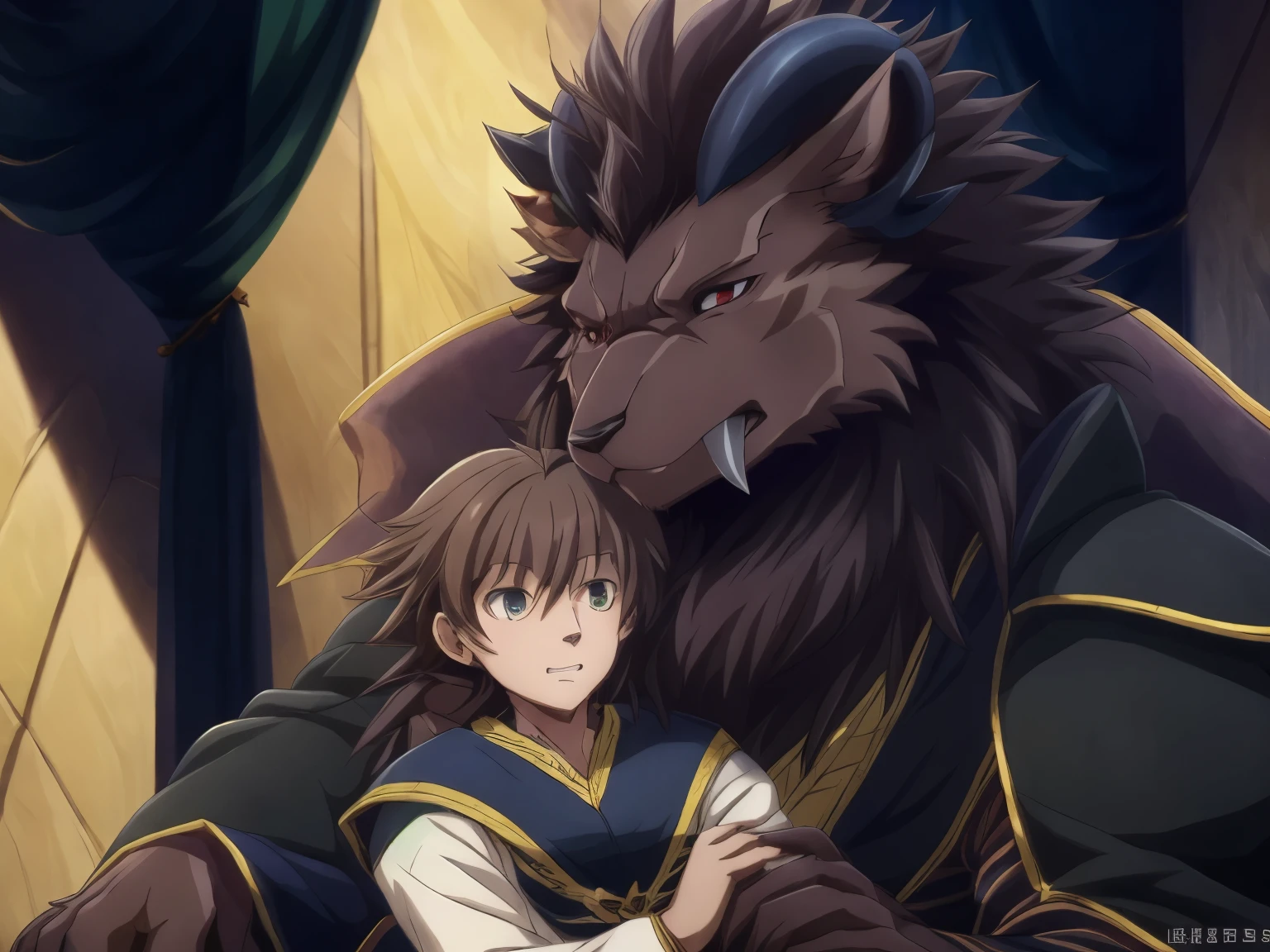 (best quality, 32K HDR:1.2, ultra-detailed, realistic, photorealistic, masterpiece,) official art, sacrificial princess and the king of beasts, Full body view, looking at the viewer, male, handsome, majestic beast, dark sienna brown fur, black mane, majestic king, king Leonhart, muscular body, crimson eyes, serious look , small ears, backwards curved black horns, long upper cannie teeth, wearing king robes, Niehime kemono ou, (detailed realistic image:1.3), (detailed eyes, beautiful expressive eyes:1), (hyper realistic fur:1.2), (detailed fur:1. ( detailed face:1) Low Light: 1.2) masterpiece, best quality, ultra realistic ( 8k, UHD, Gorgeous Light and Shadows, Detailed facial portrayal, highest quality, masterpiece, ultra high detailed, official art, utra detailed, deep shadows, dynamic shadows, HDR, deep of field, utra detailed fur, maximum focus, depth of field, perfect lighting, light particleest quality, ultra detailed body, cinematic, sharp focus, correct anatomy, right hands, correct hands, 5 fingers, correct head, detailed background), (Leonhart is sitting in a chair, Leonhart is wearing glasses, serious, a little Human anime boy is sitting on Leonhart’s lap, Leonhart is hugging a little Human anime boy, boy with brown hair, boy with green eyes)
