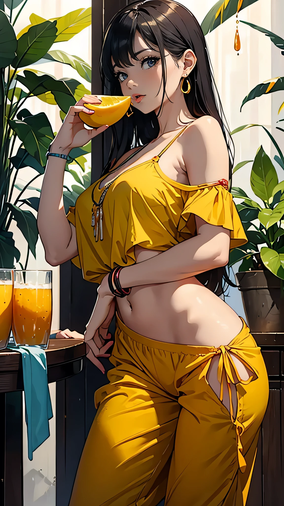 Anime girl in yellow outfit eating a banana and drinking orange juice -  SeaArt AI