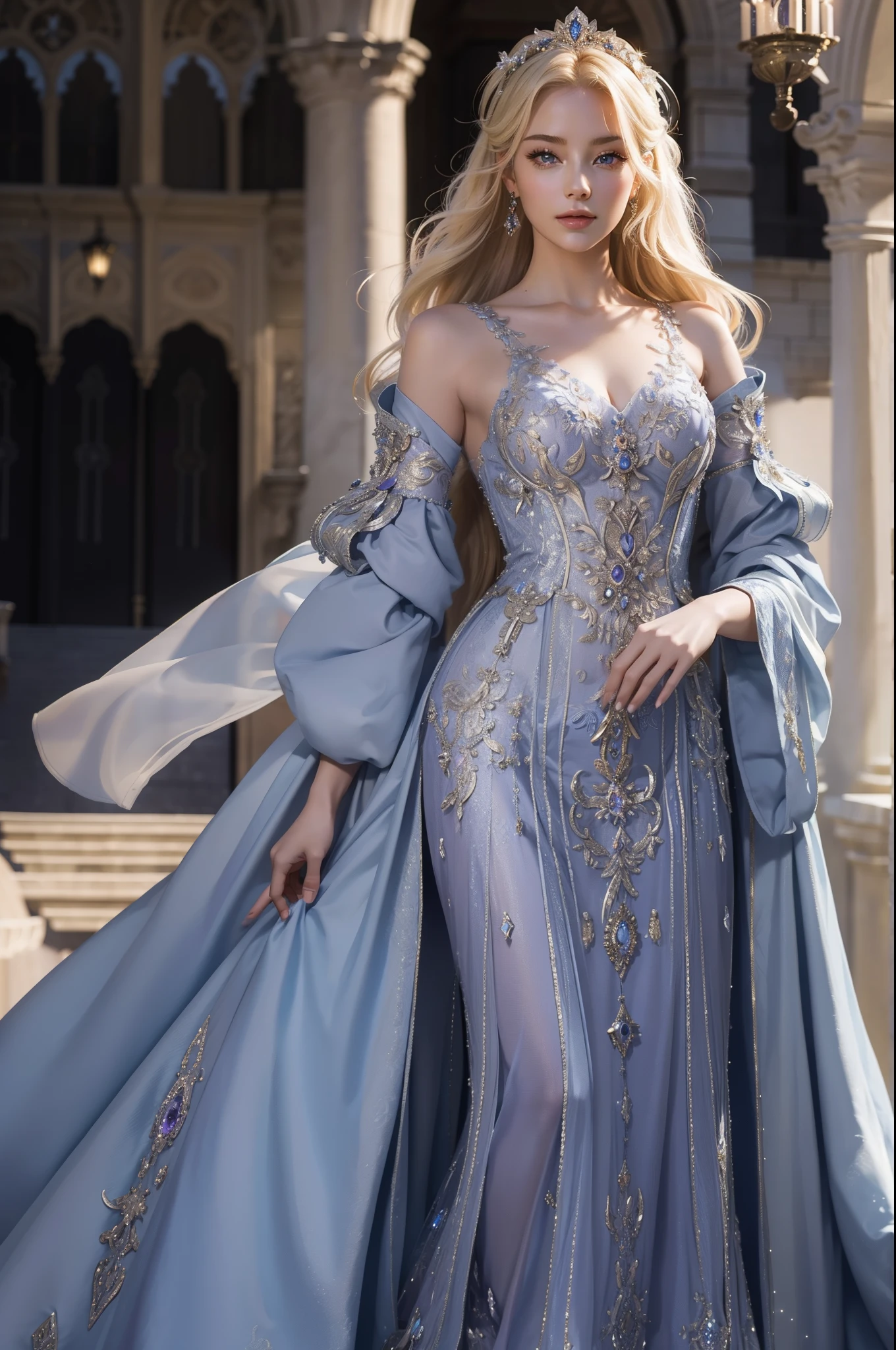 ((top quality、masterpiece、realistic:1.4、In 8K))、beautiful woman、1、Beautiful facial expressions、blond hair、Highly detailed eyes and face、beautiful and delicate eyes、suit gloves、（Gorgeous purple luxury dress in medieval European style、medieval european style headdress)、red dress、luxury accessories、（Woman walking down the hallway of a european style castle）、glass shoeovie lights、textured skin、super detail、high detail、high quality、highest resolution、looking at viewer、Graceful smile、whole body、European、