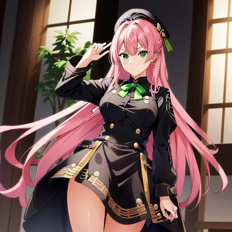 ((masutepiece)), (((Best Quality))), ((Ultra-detailed)), ((Illustration)), finely detail, extremely detailed CG unity 8k, hight resolution, {Beautiful detailed eyes}, finely detail,
1girl in, Long hair, Pink hair, Green eyes, (big eye), megustume, beret, military outfits, guns