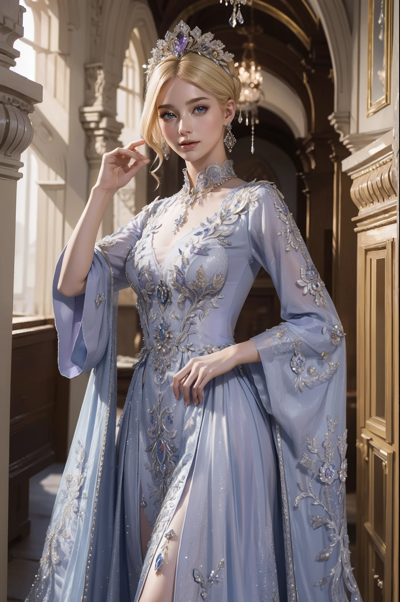 ((top quality、masterpiece、realistic:1.4、In 8K))、beautiful woman、18 years old、Beautiful facial expressions、blond hair、Highly detailed eyes and face、beautiful and delicate eyes、suit gloves、（Gorgeous purple luxury dress in medieval European style、medieval european style headdress)、red dress、luxury accessories、（Woman walking down the hallway of a european style castle）、glass shoeovie lights、textured skin、super detail、high detail、high quality、highest resolution、looking at viewer、Graceful smile、whole body、European、