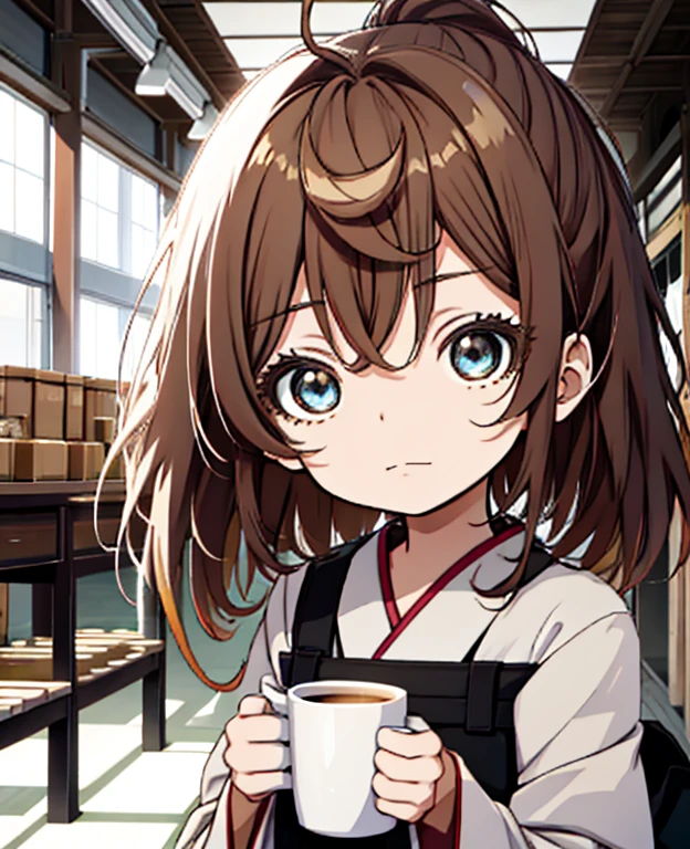 Es gibt eine, die eine Tasse Kaffee in der Hand hält, Nettes Gesicht, Mädchen, süßes natürliches Animegesicht, Er hat ein schönes Gesicht - weich -, Sakimi-chan, Chiho, Yoshitomo Nara, süßes junges Gesicht, Gesicht eines schönen japanischen Mädchens, braune Haare und große Augen, süßes Kawaii-Mädchen, Schöne große, helle Augen