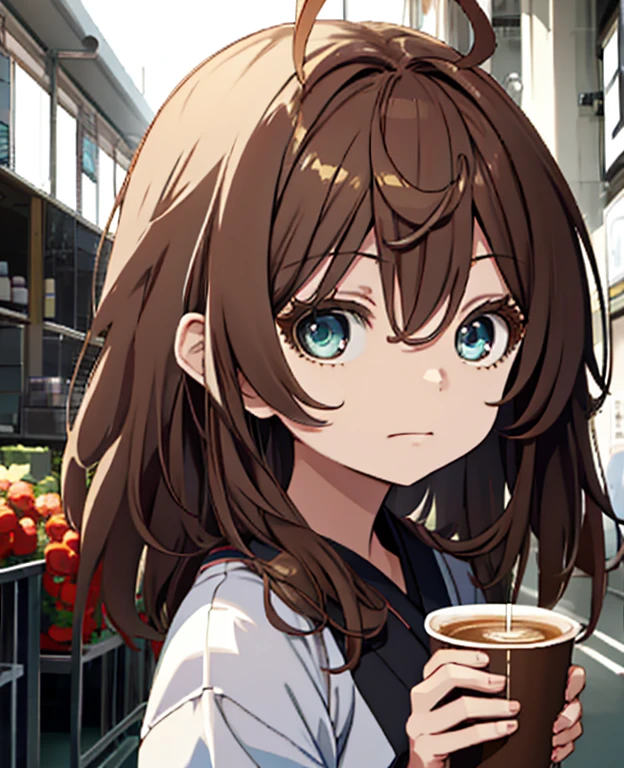 Es gibt eine, die eine Tasse Kaffee in der Hand hält, Nettes Gesicht, Mädchen, süßes natürliches Animegesicht, Er hat ein schönes Gesicht - weich -, Sakimi-chan, Chiho, Yoshitomo Nara, süßes junges Gesicht, Gesicht eines schönen japanischen Mädchens, braune Haare und große Augen, süßes Kawaii-Mädchen, Schöne große, helle Augen