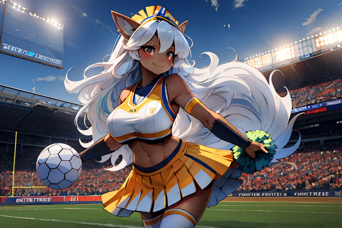 1 girl (((Manufactured by Complextree))), (Alolan Ninetales), ((alone)), ((big and firm breasts, antrum, extremely detail, extremely detail legs, extremely detail arms, extremely detail face, perfectly detailed eyes,perfectly detailed anatomy, Curly hairs, Cheerleader-Cosplay tragen, Football stadium))