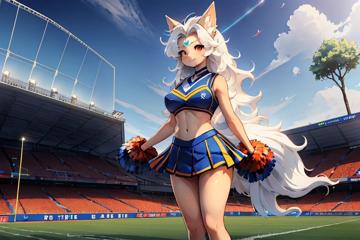 1 girl (((Manufactured by Complextree))), (Alolan Ninetales), ((alone)), ((big and firm breasts, antrum, extremely detail, extremely detail legs, extremely detail arms, extremely detail face, perfectly detailed eyes,perfectly detailed anatomy, Curly hairs, Cheerleader-Cosplay tragen, Football stadium))