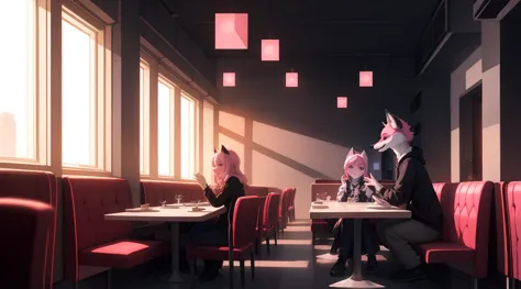 cyberpunk fox, beautiful light and shadow on light pink hair and childlike face、dining atmosphere lighting effects 、ultra-fine f...