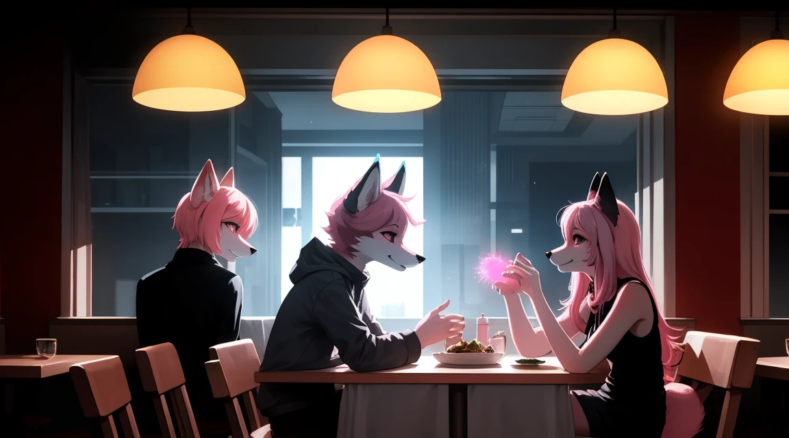 Cyberpunk fox, Beautiful light and shadow on light pink hair and childlike face、Dining atmosphere lighting effects 、Ultra-fine fur、Volumetrisches Licht ist sehr detailliert，Furry art of the highest quality