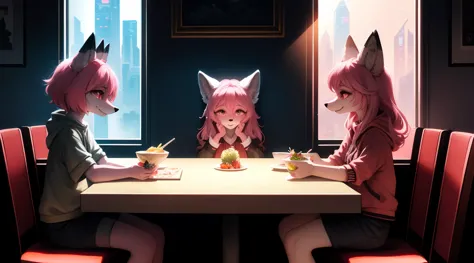 cyberpunk fox, beautiful light and shadow on light pink hair and childlike face、dining atmosphere lighting effects 、ultra-fine f...