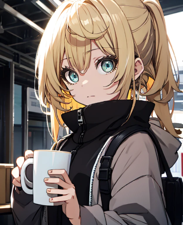 There is a 23-year-old girl holding a cup of coffee in her hand, Nice face girl, Cute natural anime face, He has a nice face - soft -, Sakimi-chan, Chiho, Yoshitomo Nara, Cute young face, Face of a beautiful Japanese girl, Blond hair and big eyes, Cute kawaii girl, Beautiful big, light eyes