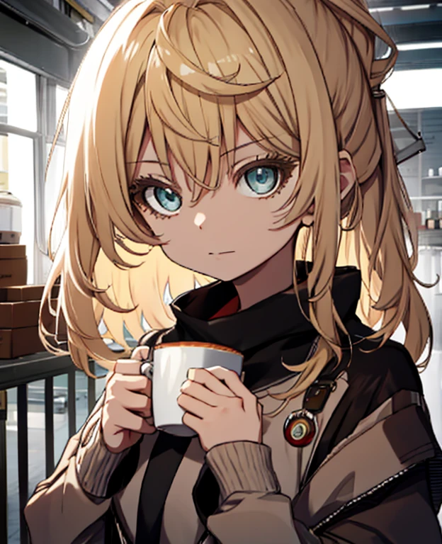 Hay una niña sosteniendo una taza de café en su mano., linda cara chica, linda cara de anime natural, Tiene una cara bonita - suave -, Sakimi-chan, Chiho, Yoshitomo Nara, linda cara joven, Rostro de una hermosa chica japonesa, pelo rubio y ojos grandes, linda chica kawaii, hermosa grande, ojos claros