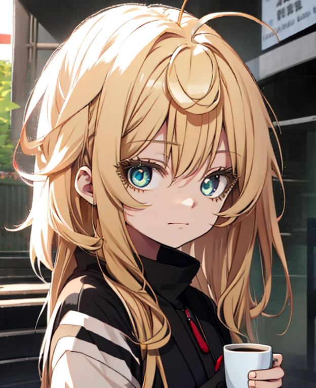 There is a 2 girl holding a cup of coffee in her hand, Nice face girl, Cute natural anime face, He has a nice face - soft -, Sakimi-chan, Chiho, Yoshitomo Nara, Cute young face, Face of a beautiful Japanese girl, Blond hair and big eyes, Cute kawaii girl, Beautiful big, light eyes