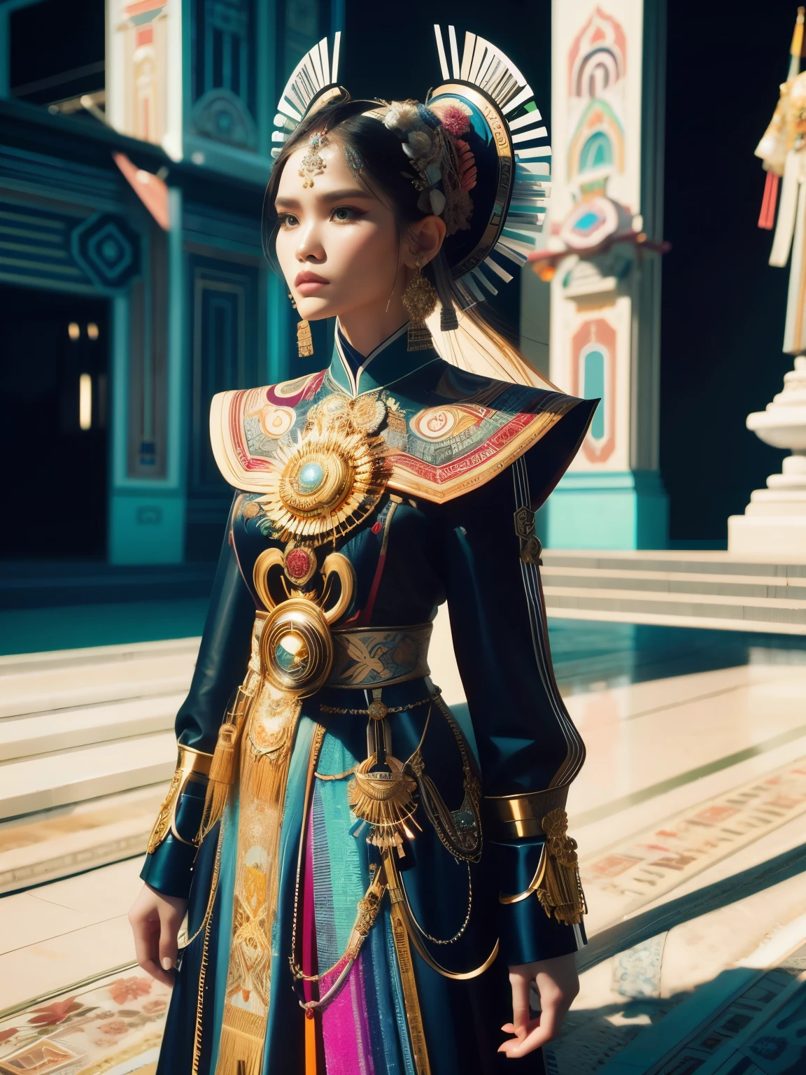 An Indonesian-styled futuristic suit worn by a girl depicting cultural fusion and modern fashion. The suit is adorned with intricate patterns and vibrant colors, showcasing the rich heritage of Indonesia. The girl stands confidently in a dynamic pose, with her detailed eyes reflecting determination and curiosity. The suit's material is a combination of traditional textiles and futuristic synthetic fabrics, giving it a unique and avant-garde appearance. The overall image quality is of the highest standard, with sharp focus and ultra-detailed rendering. The artwork employs physically-based rendering techniques, resulting in realistic lighting and shadows. The colors are vivid and vibrant, capturing the essence of Indonesian cultural aesthetics. The background features a fusion of modern architecture and traditional elements, creating a harmonious blend of the past and the future. The prompt explores the intersection of Indonesian culture, futuristic design, and the artistic representation of a confident girl