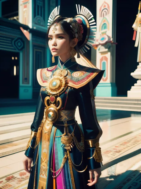 an indonesian-styled futuristic suit worn by a girl depicting cultural fusion and modern fashion. the suit is adorned with intri...