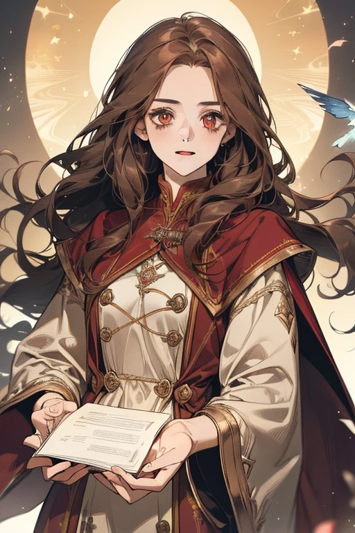 ((masterpiece:1.2), (best quality:1.2), looking at viewer, bare and fair skin,Wizarding world, shimmer reflected on hair, long hair fluttering in the wind, (wavy long hair), hair middle part, energetic , smily, happy ,  eauropean girl, dark brunette hair, Brown eyes, victorian simple dress, gryffindor, red color, active young girl holding wand, medium B cup breast, charming young lady, Gryffindor robe, harry potter style, light brown eyes. With papers flying around.