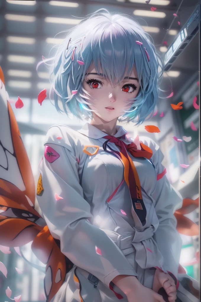 (Realistic, photoRealistic), Ayanami rei, 1girl in, Blue short hair, red eyes, uniform, (masutepiece, High quality, Best Quality), (Colorful),(Delicate eyes and face), volumatic light, Ray tracing, the Extremely Detailed CG Unity 8K Wallpapers,Solo((flying petal)), classroom, noon