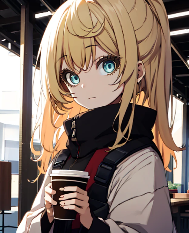 Da ist ein 26-jähriges Mädchen, das eine Tasse Kaffee in der Hand hält, Nettes Gesicht, Mädchen, süßes natürliches Animegesicht, Er hat ein schönes Gesicht - weich -, Sakimi-chan, Chiho, Yoshitomo Nara, süßes junges Gesicht, Gesicht eines schönen japanischen Mädchens, blonde Haare und große Augen, süßes Kawaii-Mädchen, Schöne große, helle Augen