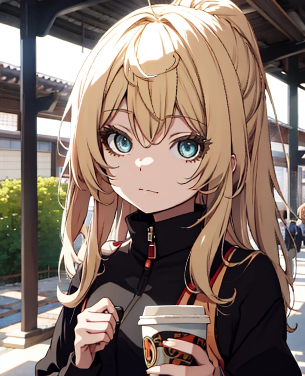 There is a 26-year-old girl holding a cup of coffee in her hand, Nice face girl, Cute natural anime face, He has a nice face - soft -, Sakimi-chan, Chiho, Yoshitomo Nara, Cute young face, Face of a beautiful Japanese girl, Blond hair and big eyes, Cute kawaii girl, Beautiful big, light eyes