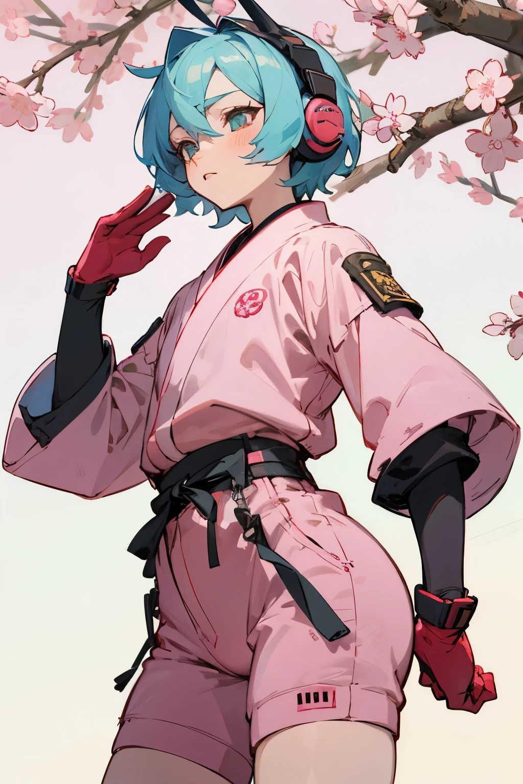 身穿樱花主题连体衣的动漫女孩, 戴上耳机, 穿着连身裤, 樱花主题, 角色设计风格 