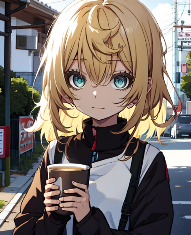 There is a  33 - year-old girl holding a cup of coffee in her hand, Nice face girl, Cute natural anime face, He has a nice face - soft -, Sakimi-chan, Chiho, Yoshitomo Nara, Cute young face, Face of a beautiful Japanese girl, Blond hair and big eyes, Cute kawaii girl, Beautiful big, light eyes