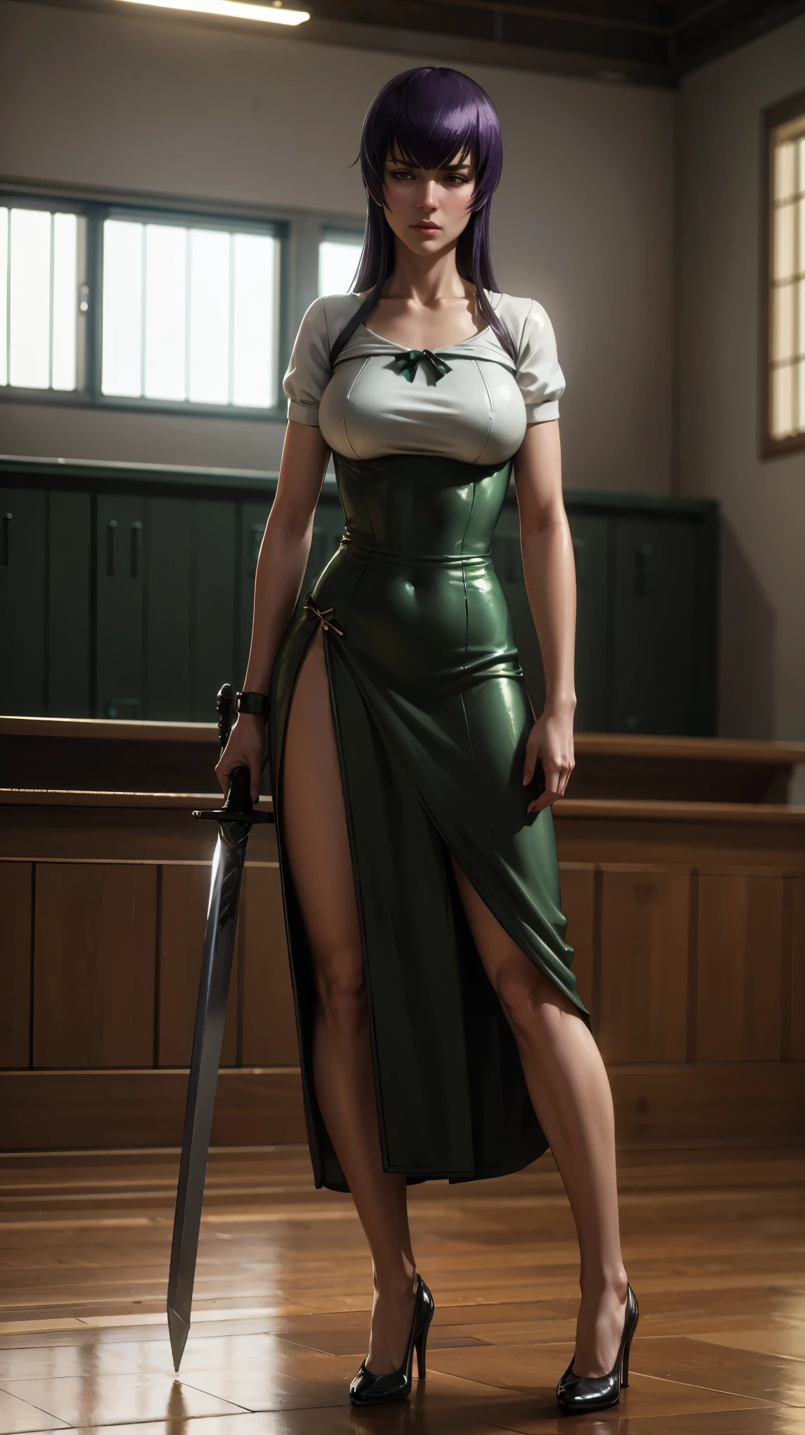 Very detailed, high quality, masterpiece, beautiful, saeko, long legs, 1 hand with wooden sword, 1 hand between the legs, long dress, avierto dress, long purple hair, high school dress, medra sword, sword in hand, full body, wide shot, gym, lockers, alone, closed room, style, (erotic atmosphere), very detailed, high quality, masterpiece, beautiful, 1 girl, standing, seen from below, prosthesis, sexy saeko, skirt, skirt moving, sword pointing, brown and green dress, full body, (best quality)), ((masterpiece: 1.2) ), (extremely detailed: 1.1), (8k, high quality, cinematic, hyper-realistic, illustration), (autodesk maya, octane rendering, unreal engine, game character, ray tracing, hdr), (16mm focal length, f/4 aperture, dynamic perspective, depth of field), (1 girl, dynamic angle , casting pose. saeko, big breasts and small hips, hidden masturbation, looking at the viewer, red cheeks, high heels, long open skirt, visible breasts and vagina, gym, benches and lockers around her), 3d, realistic, CG , 3D model, beautiful, elegant, safe (hdri, bloom, edge lighting, soft lighting, discreet.  ), zhongfenghua, delicate\(sex\)