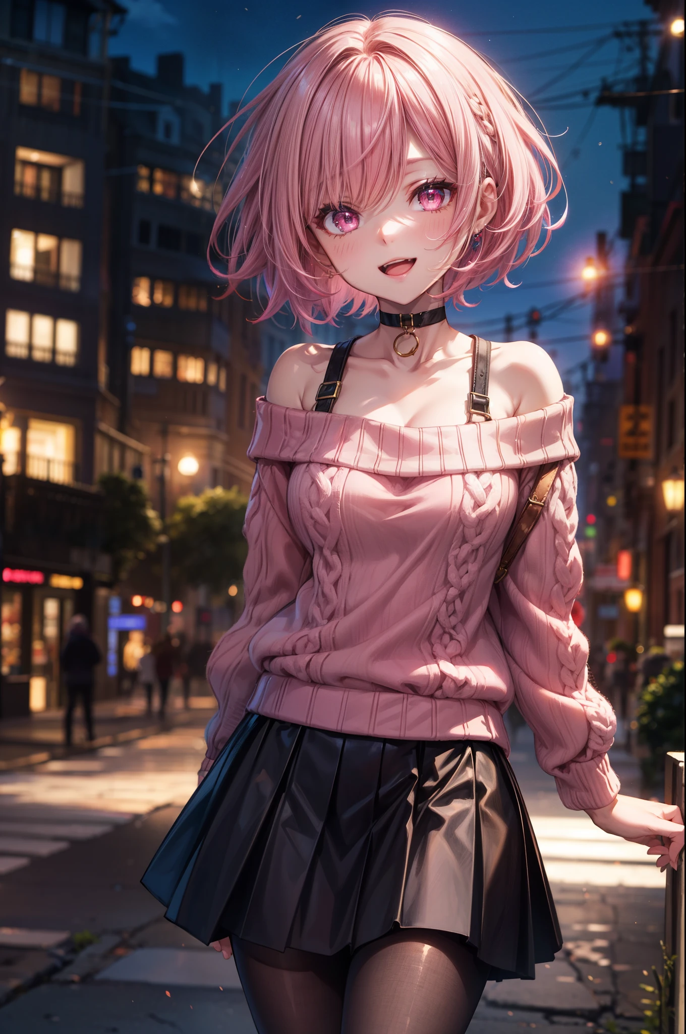 vibrant colors, female, masterpiece, sharp focus, best quality, depth of field, cinematic lighting, pink hair, smile, pink eyes, pantyhose, outdoors, choker, short hair, skirt, black choker, open mouth, sweater, looking at viewer, off shoulder,