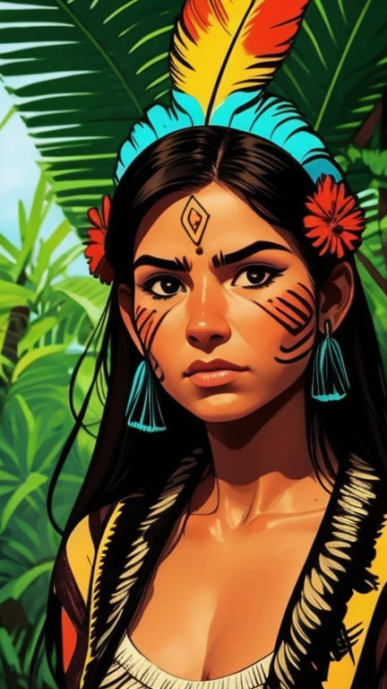 Comic-Kunst, digitale Farbe. Ein schönes indigenes Mädchen in native mit Federn und Federn auf dem Kopf, Indigene Völker des Amazonas in Brasilien, schöne junge einheimische brasilianische Frau, male dein Gesicht, heißer Körper, Yanomami-Indianer in typischer Tracht,gute Qualität. Amazonas-Regenwald und Flussbett. Lebendige Farben, filmische Beleuchtung. detailliert, kompliziert, detailliert face.